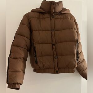 All brown cropped puffer jacket with hood
